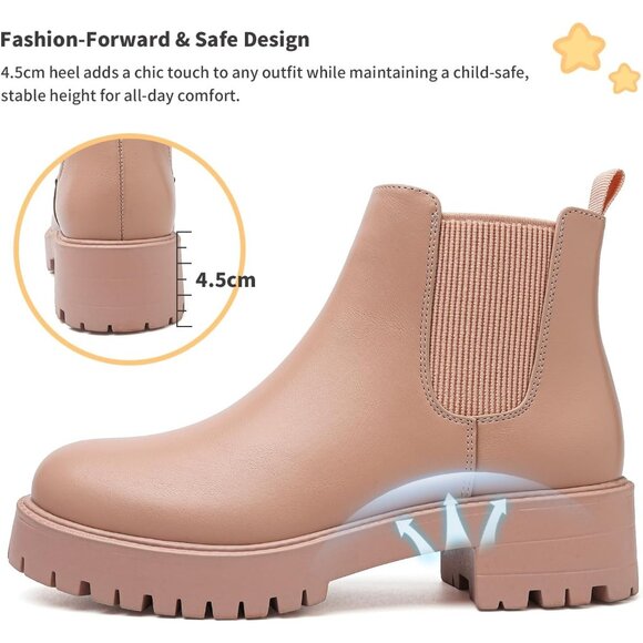 Girls Pink Pull-On Fall Chelsea Boots Water-Resistant PU Ankle Heel Boots - Picture 6 of 7